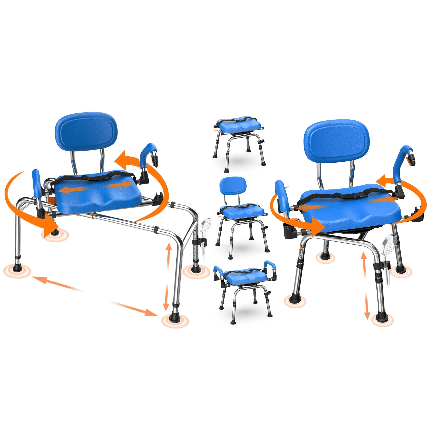 Blue shower chair with adjustable legs on a white background