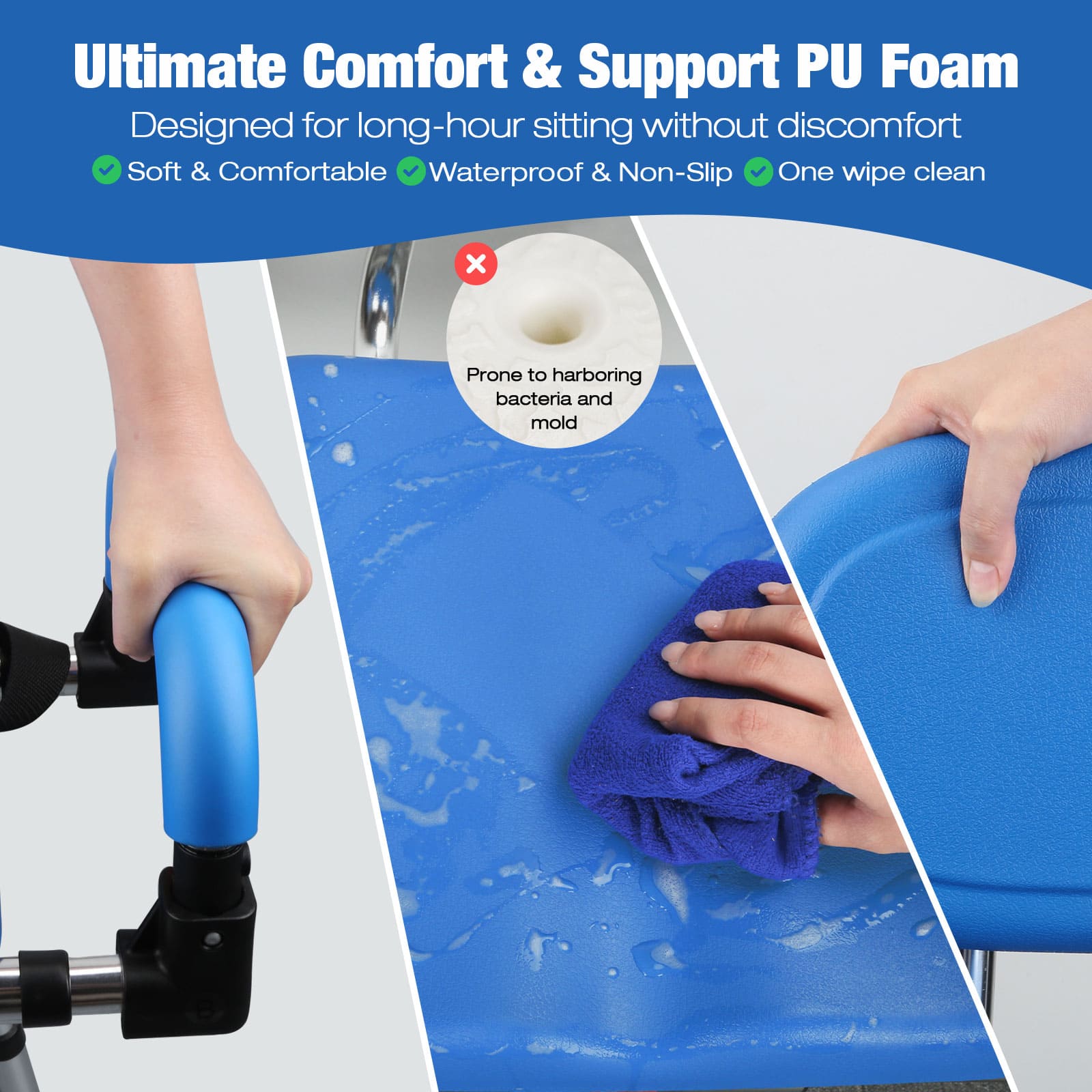 Designed for long hour sitting without discomfort, Whlicks shower chair with ultimate comfort and support PU form, prone to harboring bacteria and mold