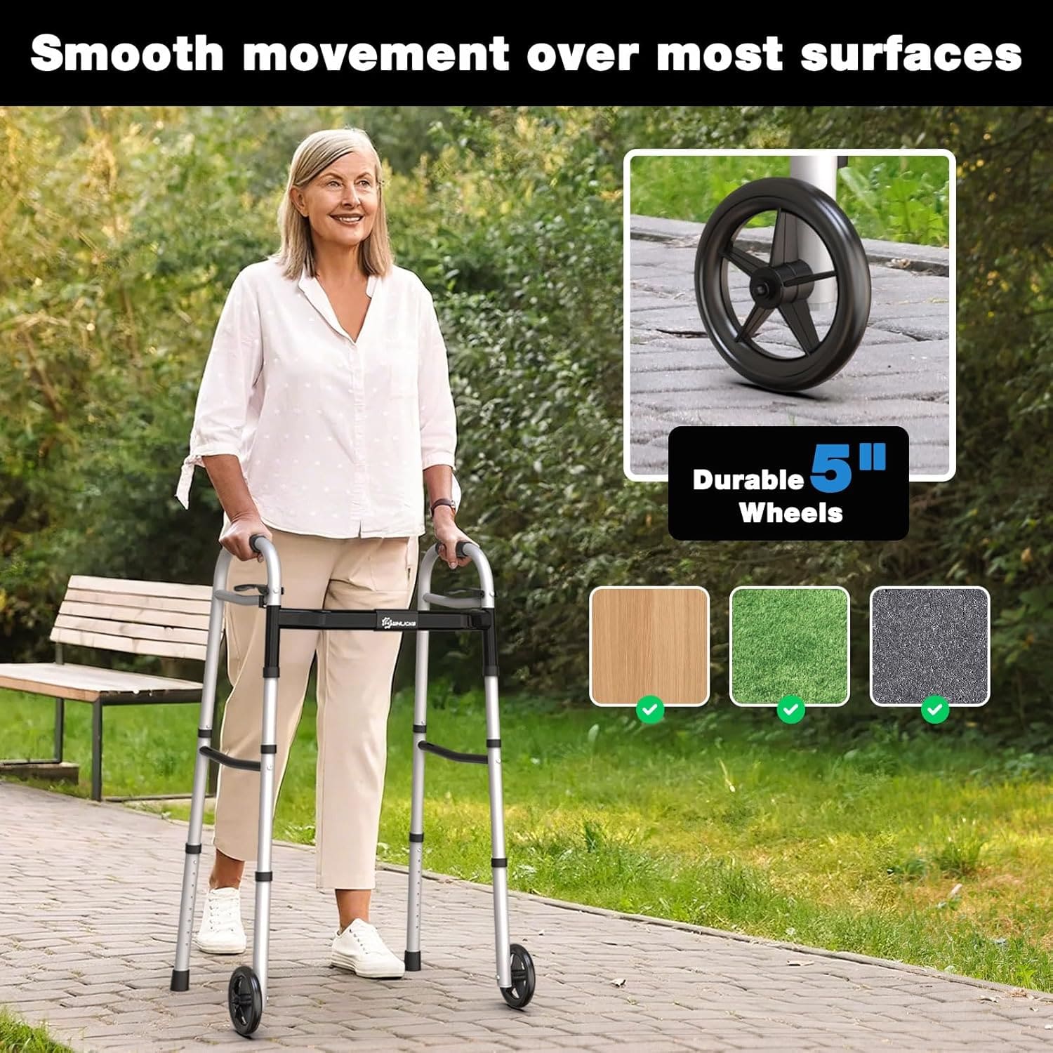 Woman using a walker with durable 5-inch wheels on a paved r#color_blackpath#color_black