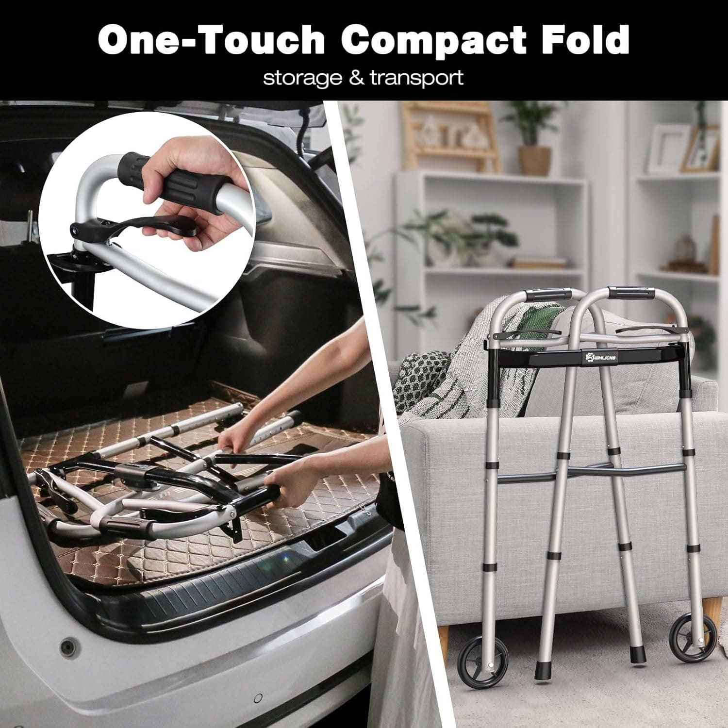 Foldable walker being used to load into a car trunk and on a living room floor#color_black