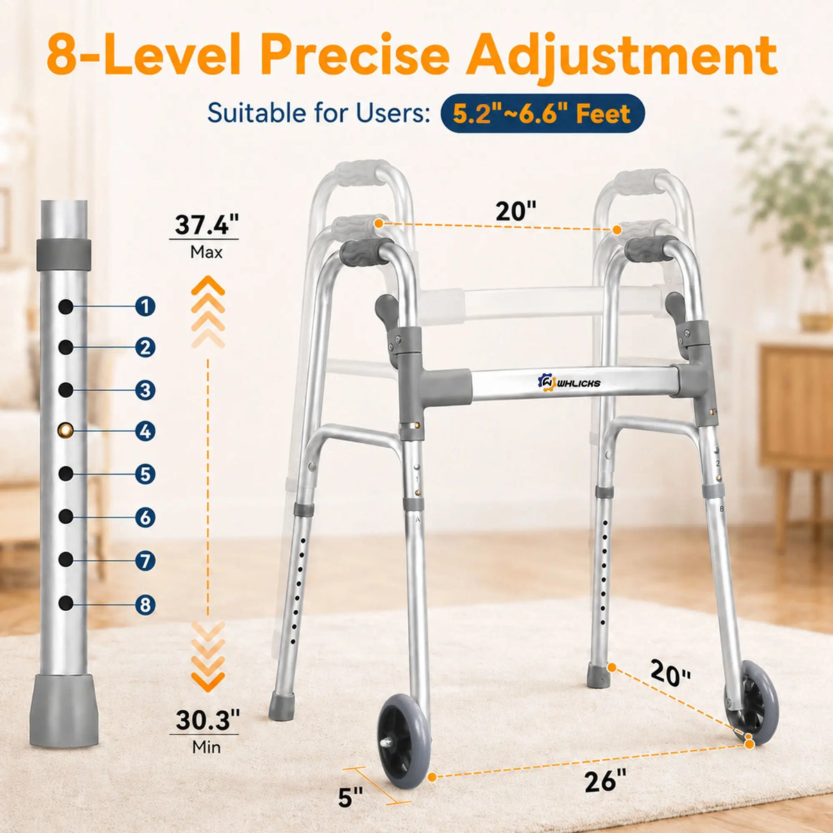 WHLICKS walker height adjustment system with multiple settings for customized walking support.