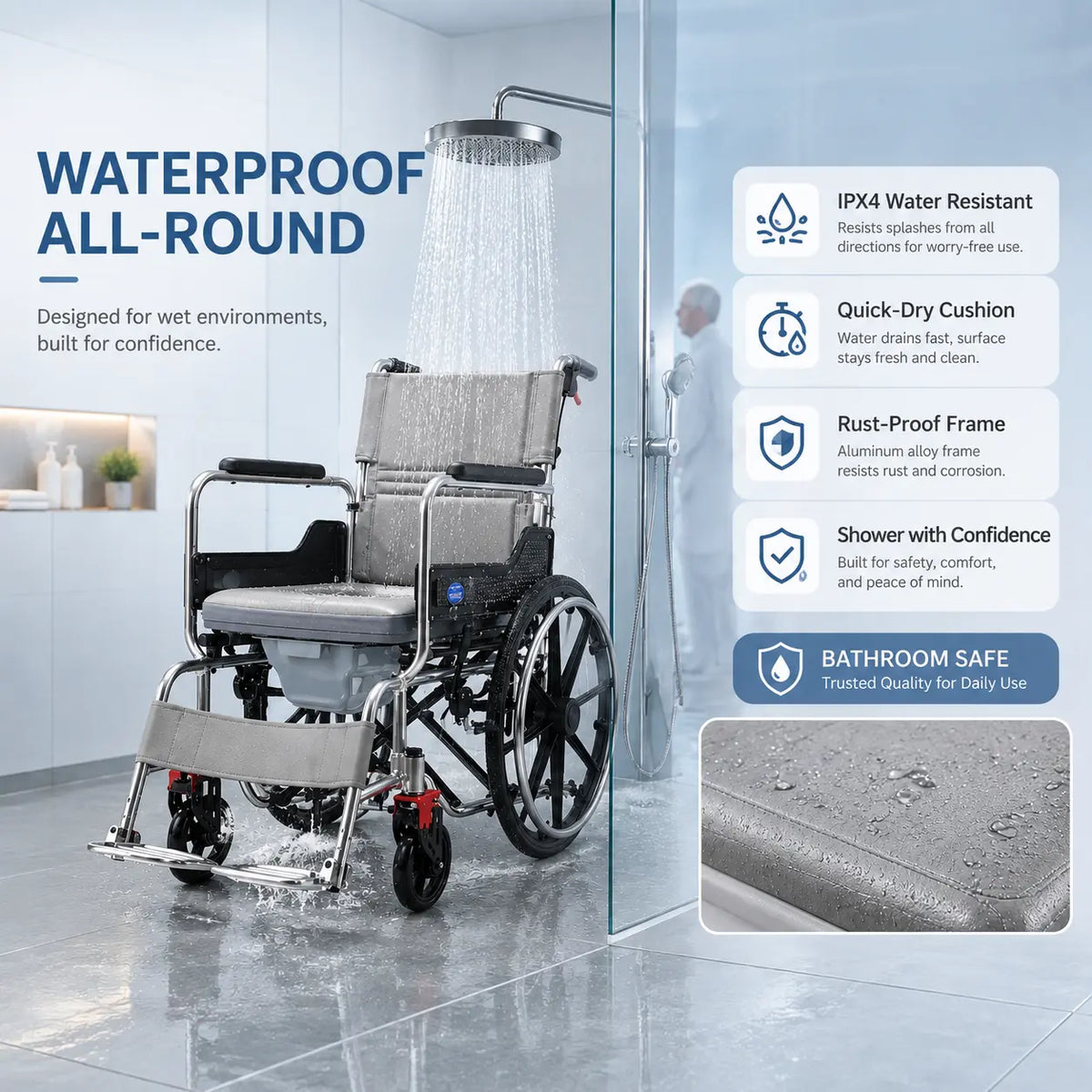 3-in-1 Self-Propelled Shower Commode Wheelchair