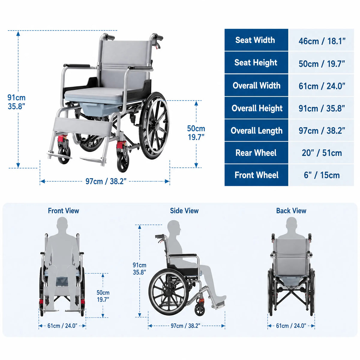 3-in-1 Self-Propelled Shower Commode Wheelchair