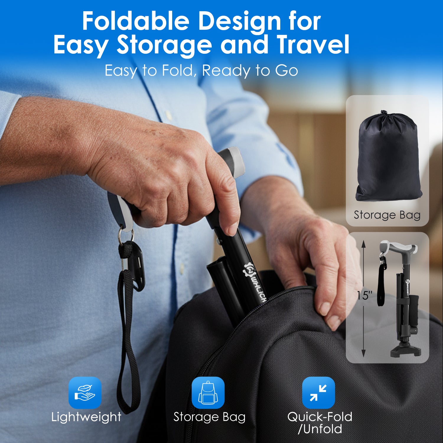 Compact foldable cane for travel and daily mobility#color_black