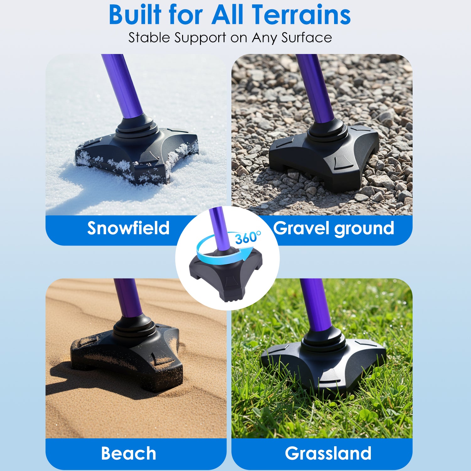 Product with stable support on various terrains including snow, gravel, beach, and grass#color_purple