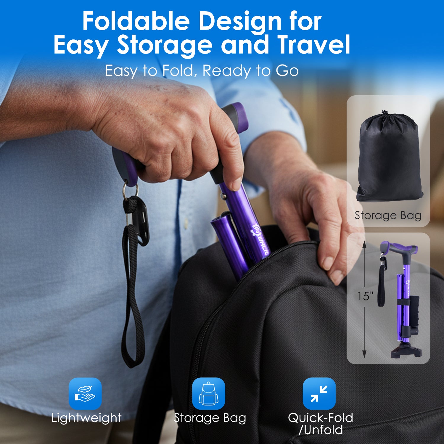 Foldable walking stick with storage bag and quick-fold feature#color_purple
