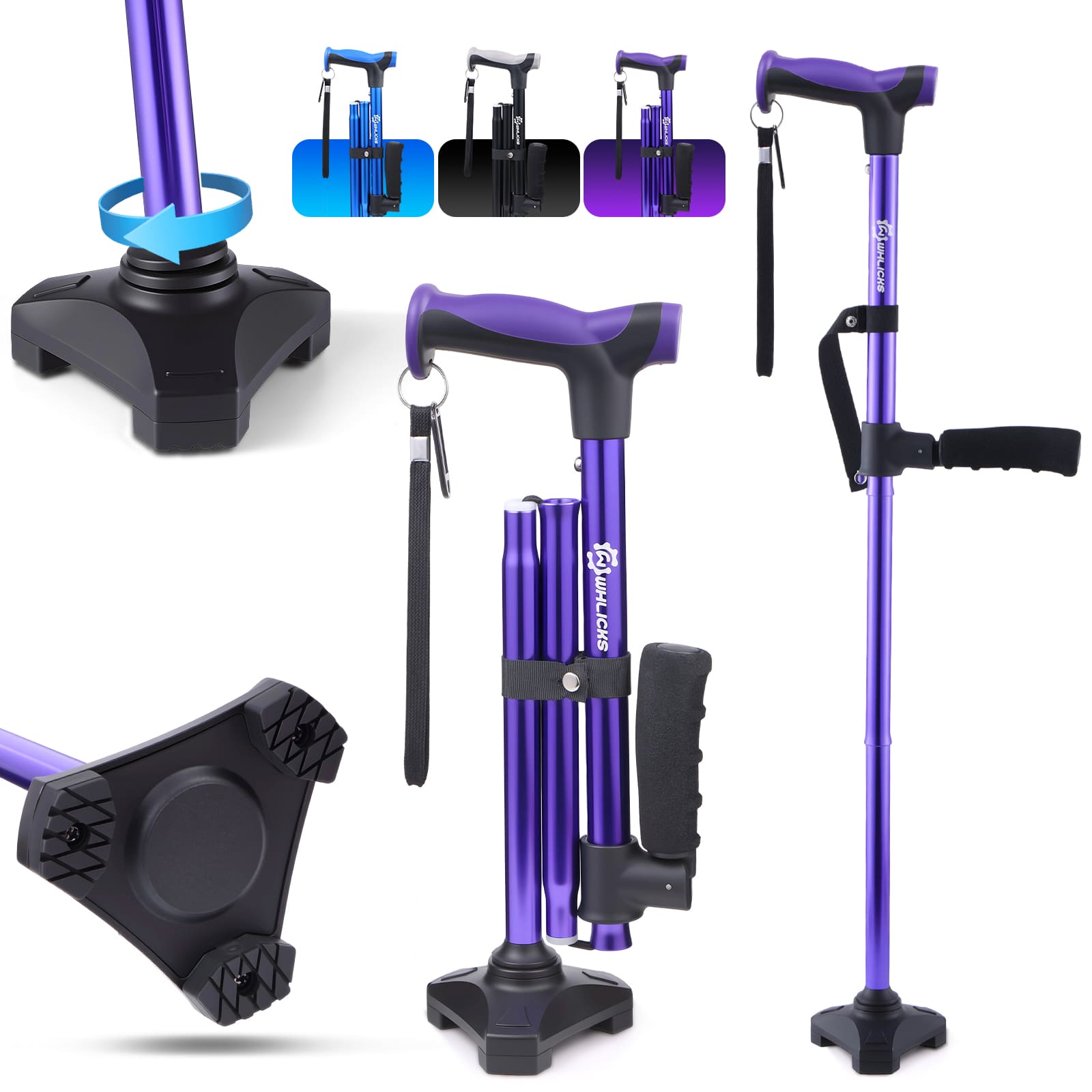 Foldable purple walking cane with dual assist handles#color_purple