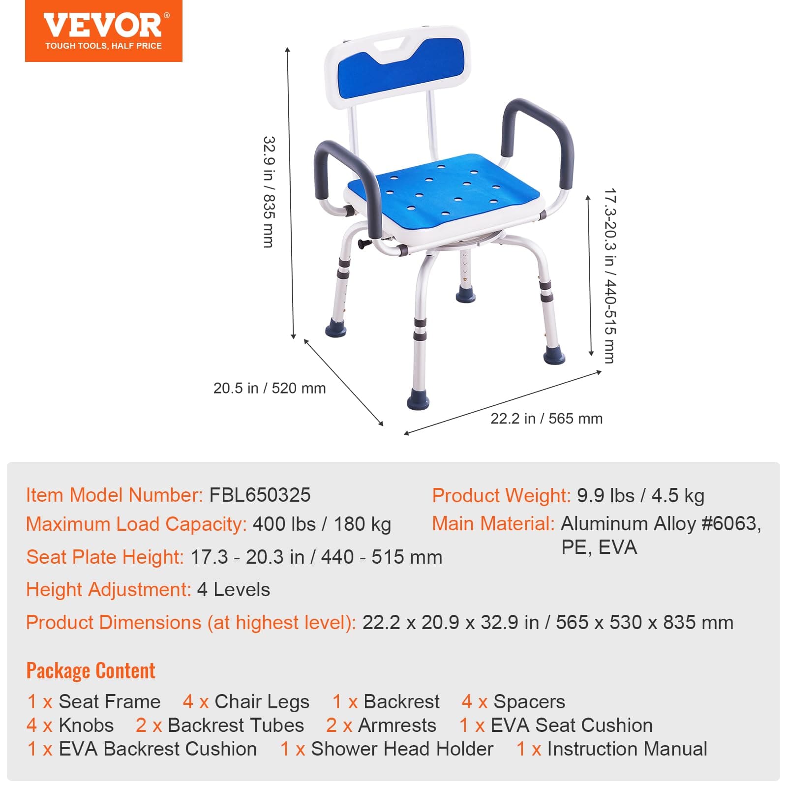 360° Swivel Shower Chair, 400lbs Adjustable Bath Seat for Seniors