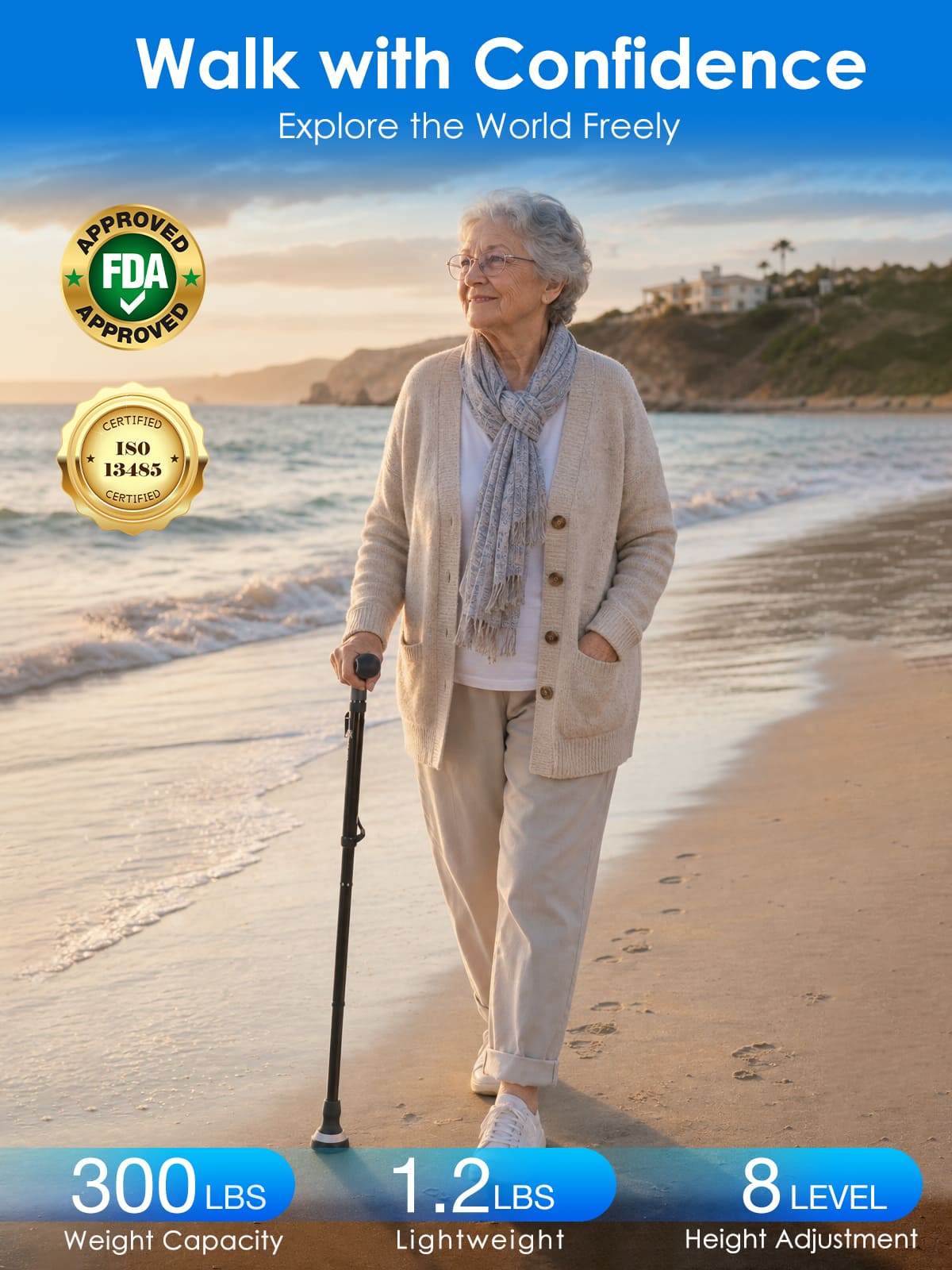 Heavy Duty Folding Walking Cane 300lbs, Adjustable Walking Stick for Seniors & Adults