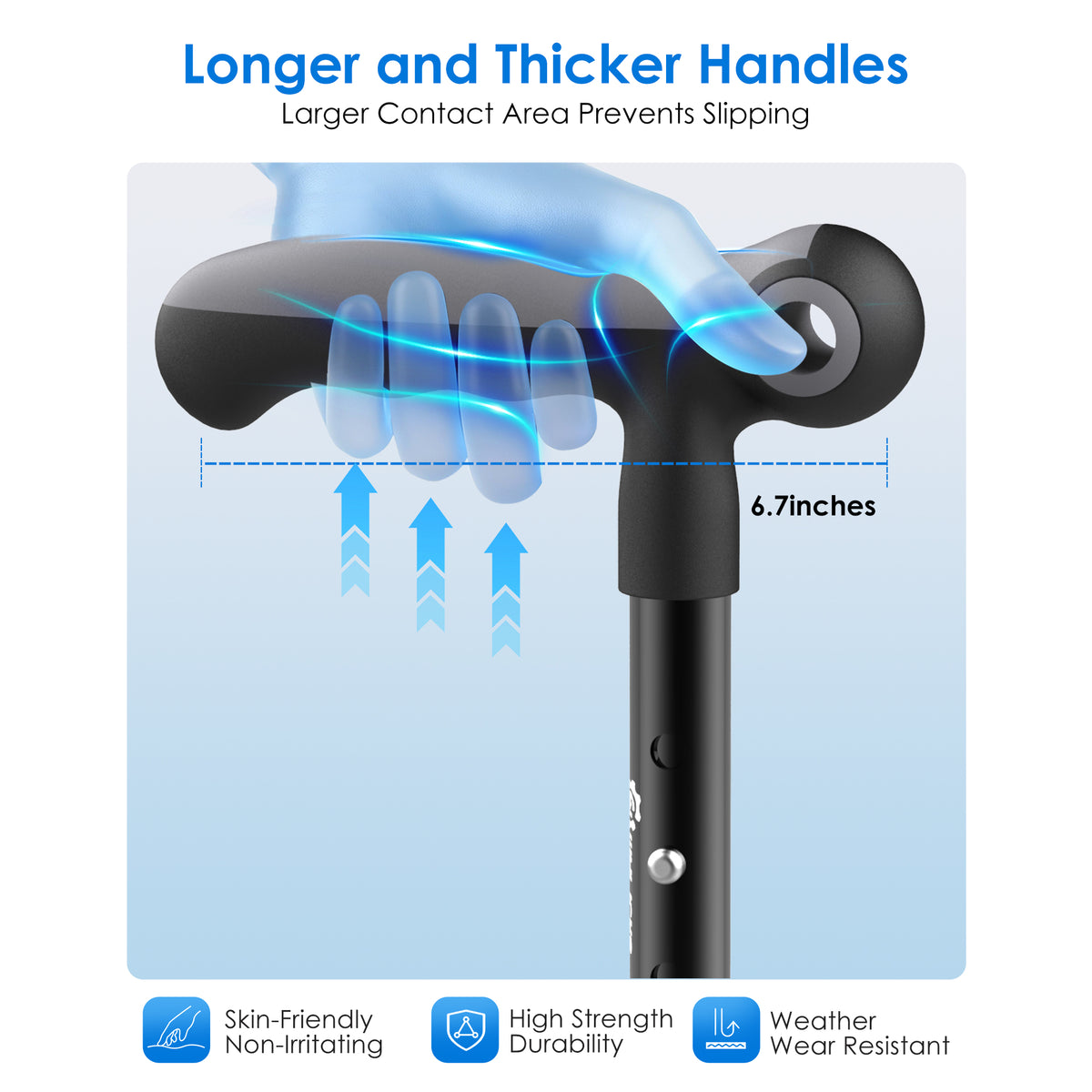 WHLICKS walking cane with ergonomic comfortable handle design for improved grip and everyday use.