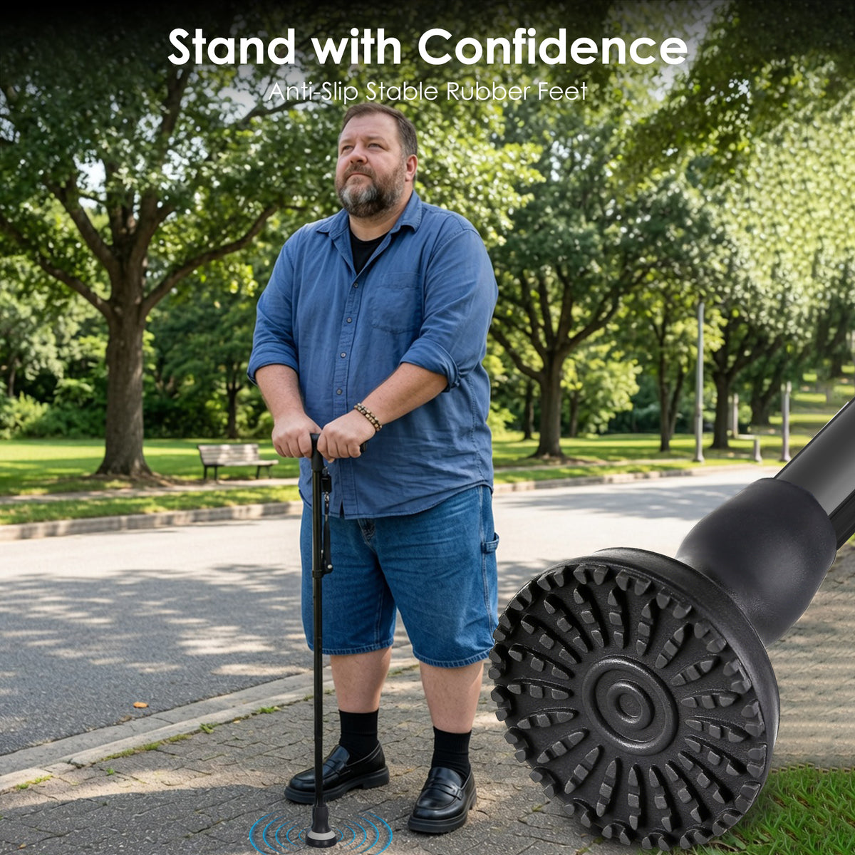 WHLICKS folding cane with extra-wide non-slip rubber tip for stable traction on indoor and outdoor surfaces.