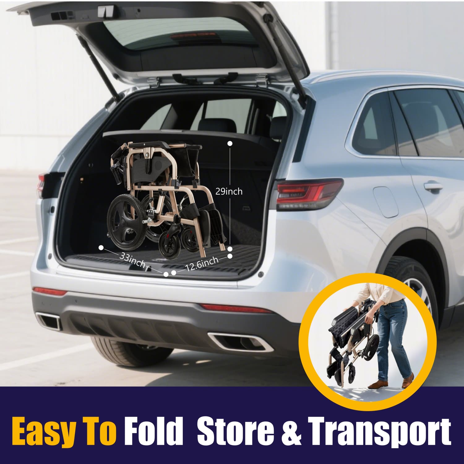 Lightweight Transport Wheelchair – Compact Size, Thick Stable Wheels