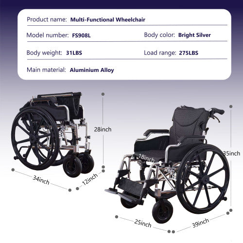 All-in-One Wheelchair – 20" Seat, Quick-Release Wheels & Dual Brakes