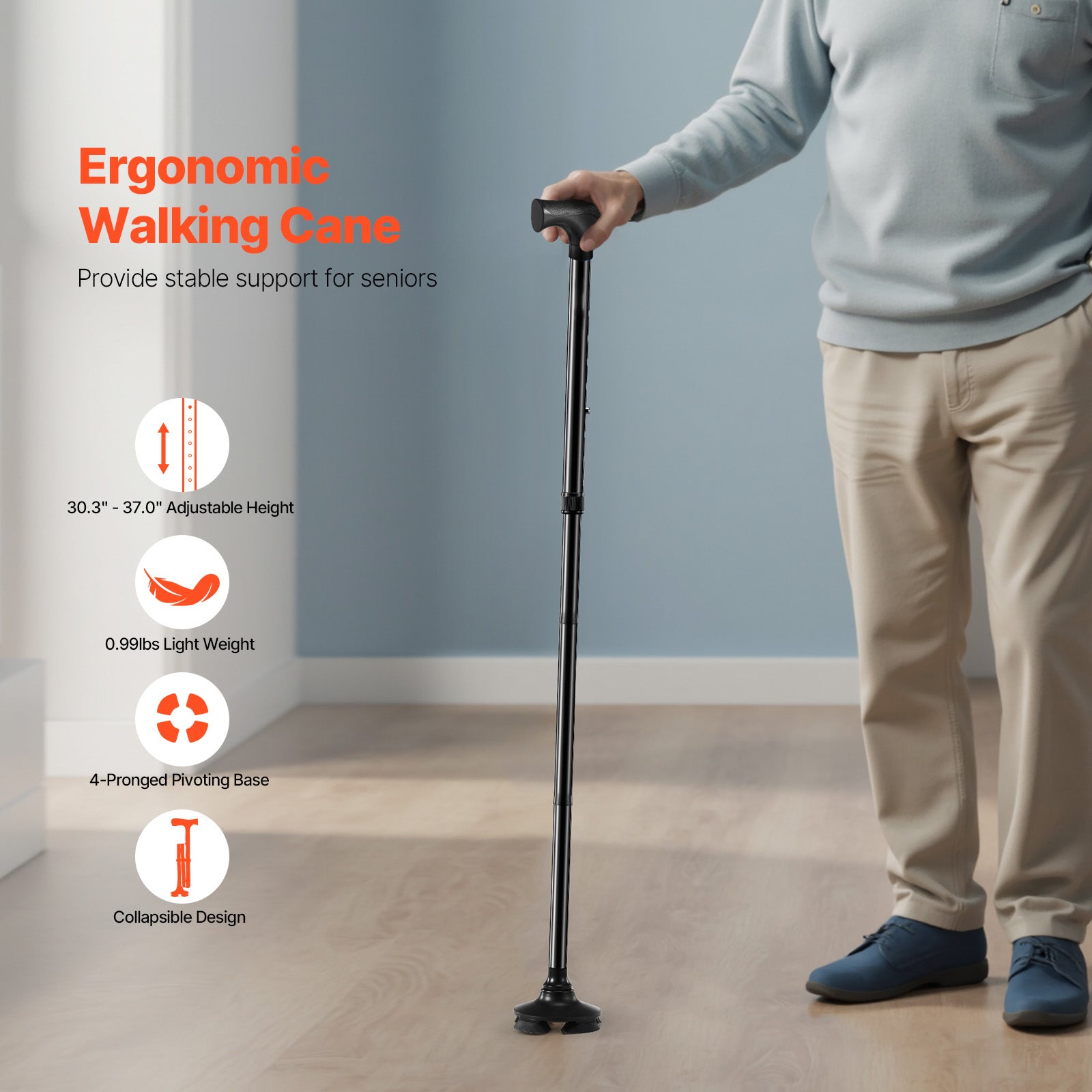 Vevor Walking Cane for Seniors Foldable Walking Cane with Quad Base Stable Walking Stick