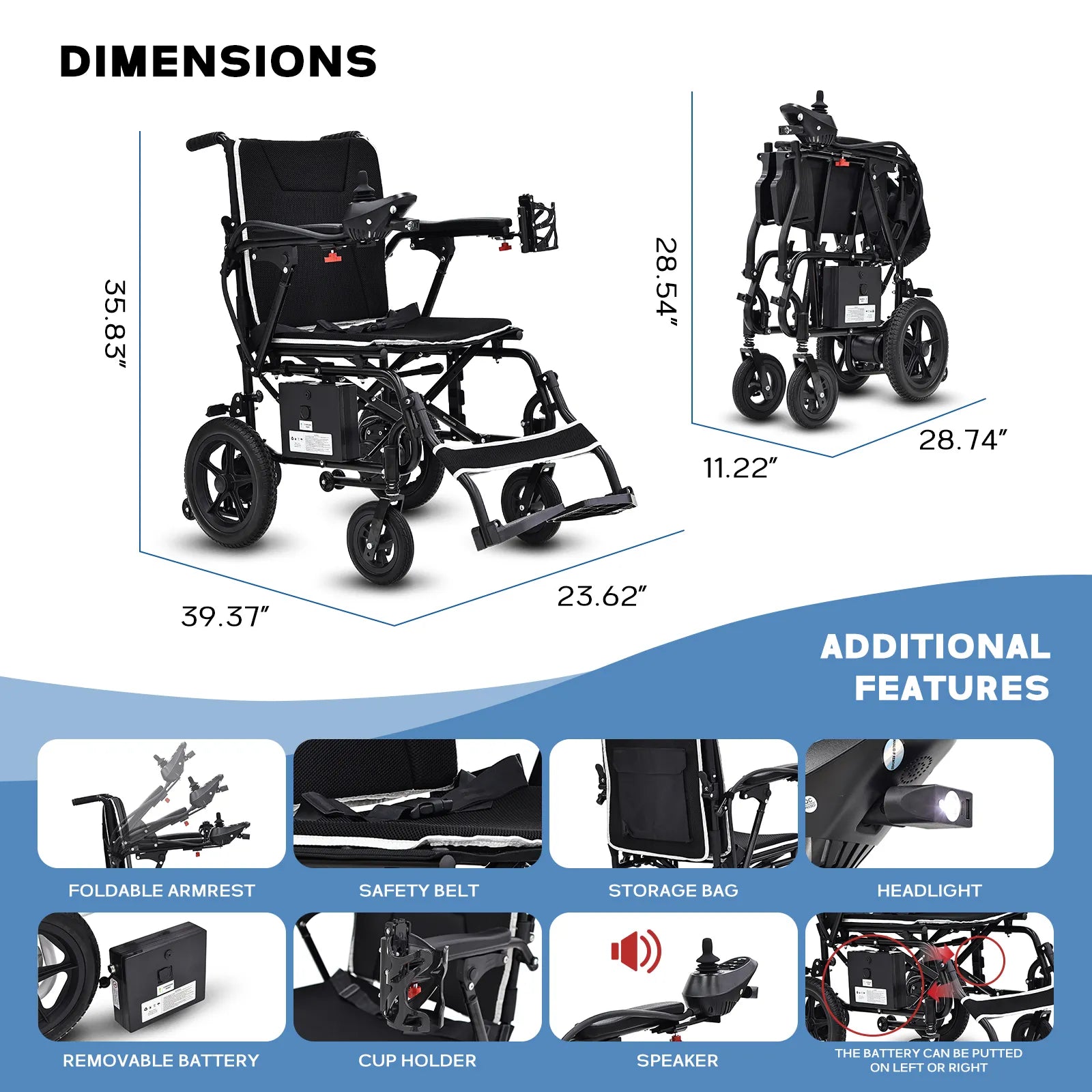 electric wheelchair with wide seat and speaker and headlight