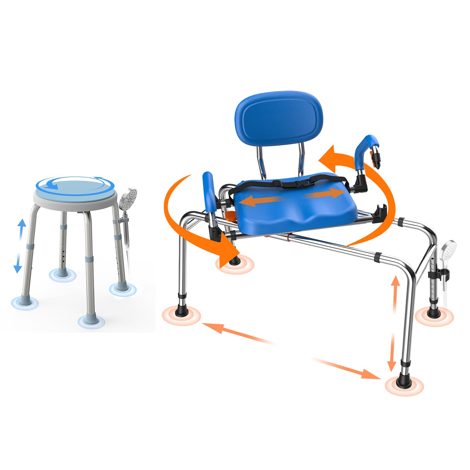 Mobility aid with blue seat and gray legs on a white background