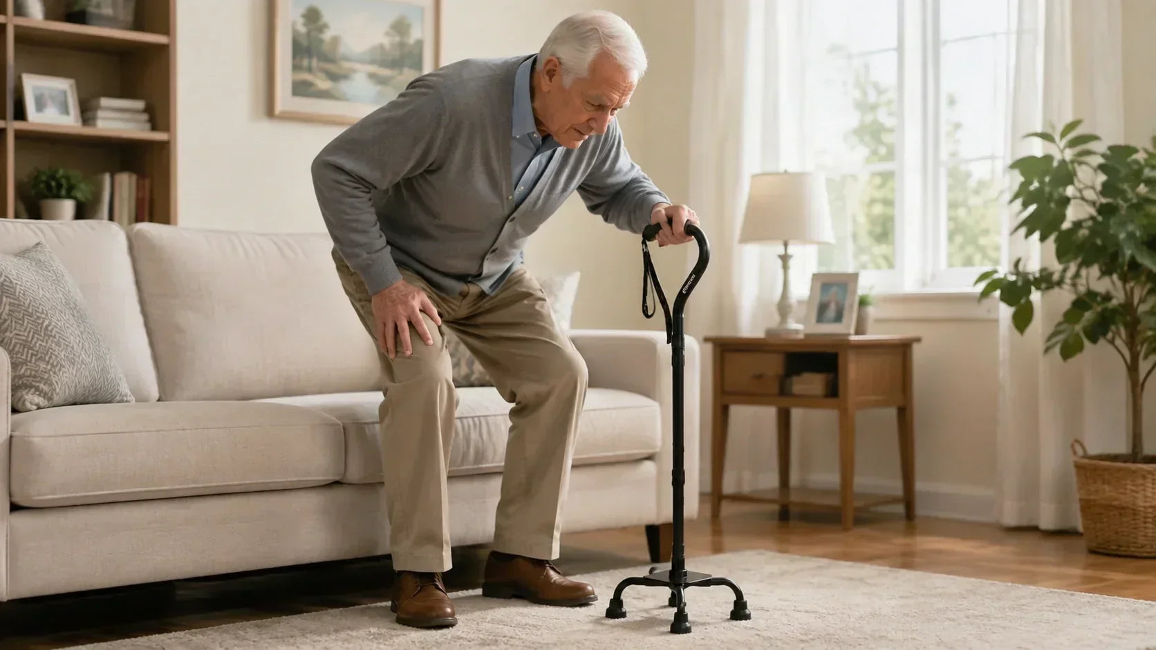 senior using dual handle cane for sit to stand assistance