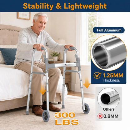 Folding Walkers for Seniors with Storage Bag & Rear Ski Glides