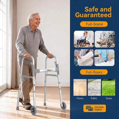 Folding Walkers for Seniors with Storage Bag & Rear Ski Glides