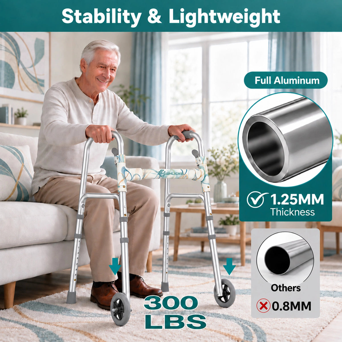 Lightweight 2-Wheel Folding Walker with 300 lb Capacity