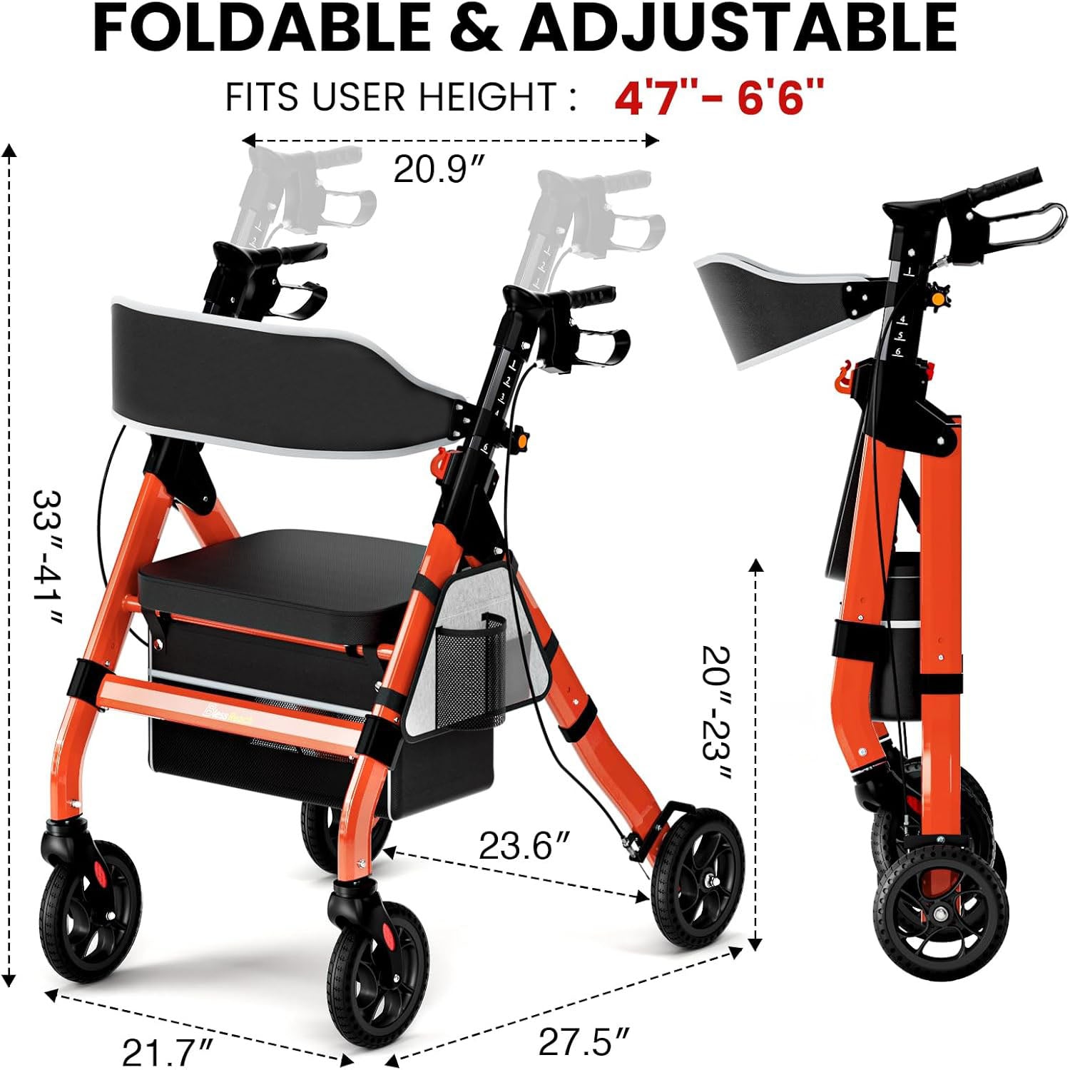 3 in 1 Heavy-Duty Rollator Walker for Tall Person Supports 450lbs