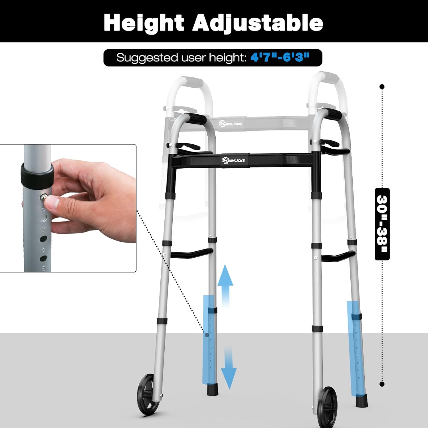 Folding Walker for Seniors – Lightweight Aluminum Walker with Adjustable Height &Width