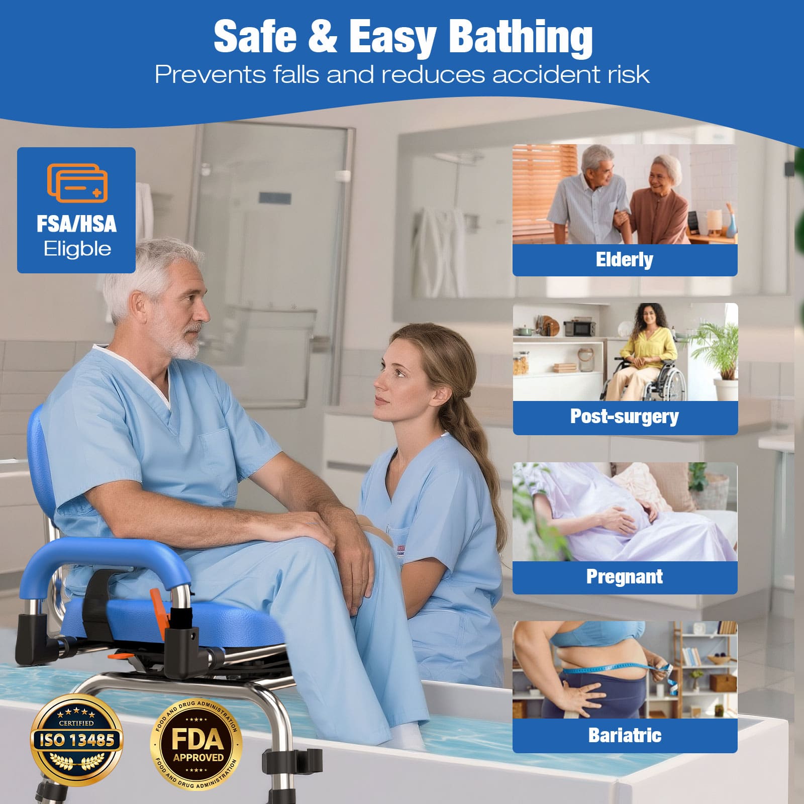 4-in-1 Adjustable 360° Swivel Shower Chair, 300lb Bariatric for Elderly & Disabled