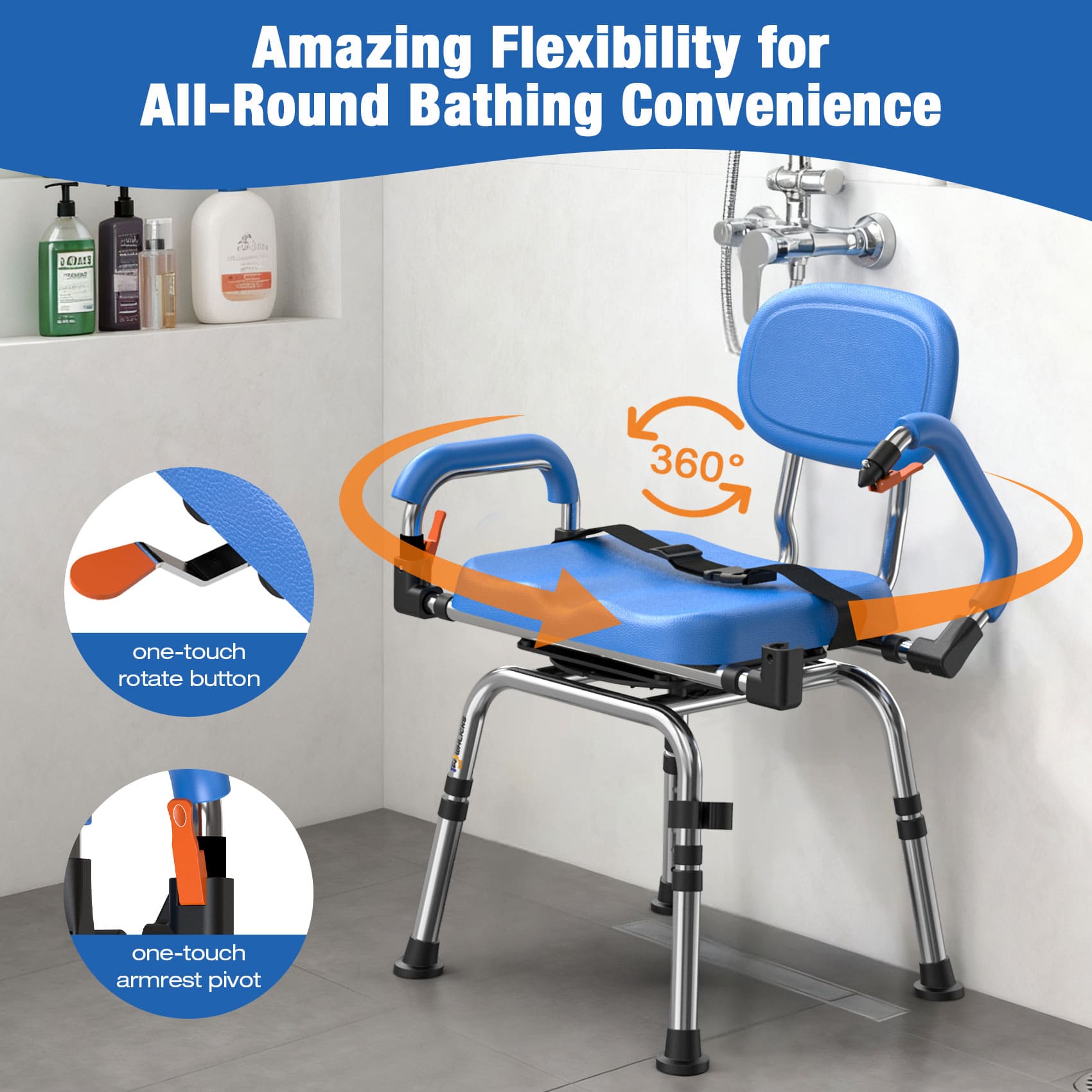 4-in-1 Adjustable 360° Swivel Shower Chair, 300lb Bariatric for Elderly & Disabled