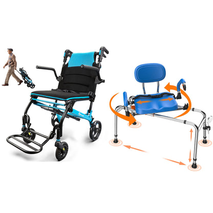 WHLICKS Transport Wheelchair & Premium Swivel Shower Chair Bundle