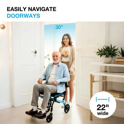 Senior man using a WHLICKS wheelchair with assistance, navigating a doorway safely, highlighting support for elderly and mobility-limited users.
