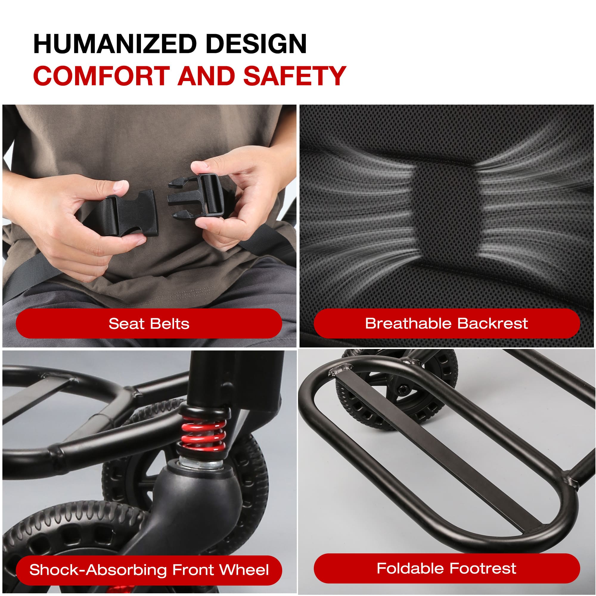 Collage of features including seat belts, breathable backrest, shock-absorbing front wheel, and foldable footrest#color_red