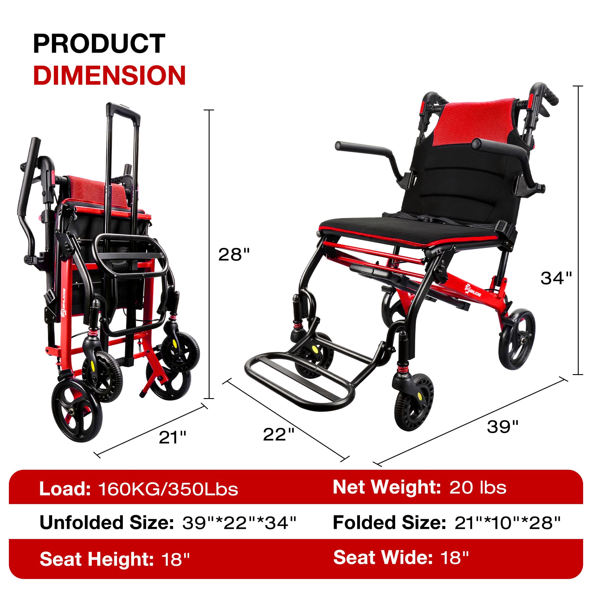 Red and black folded and unfolded wheelchair with dimensions and specifications#color_red