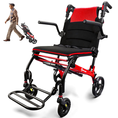 Red and black wheelchair with a man pushing a stroller in the corner on a white background