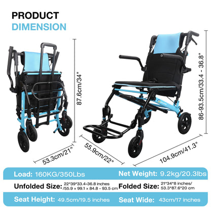 Ultra-Lightweight Transport Wheelchair with Luggage Handle