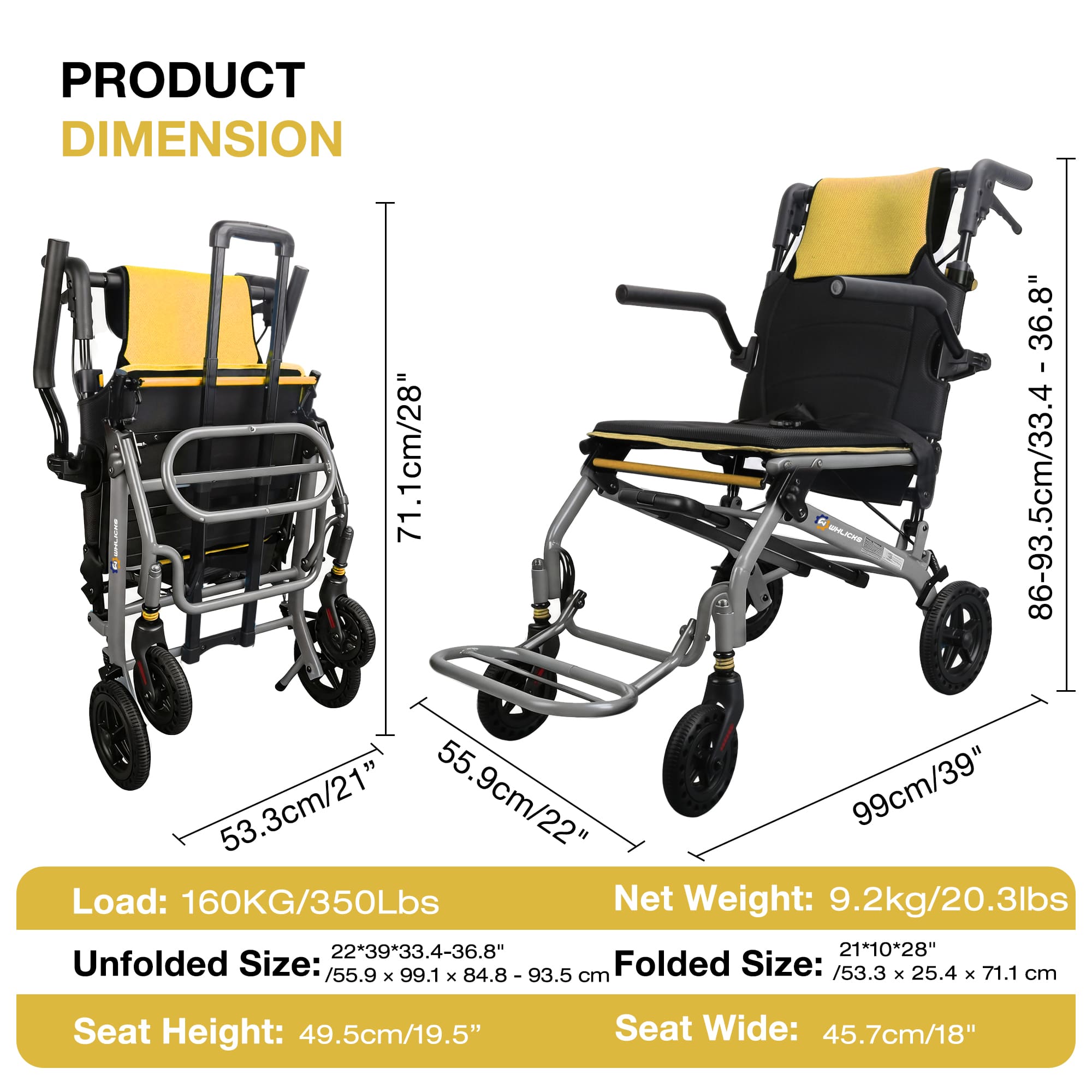 Ultra-Light Folding Transport Wheelchair with 17" Wide Seat