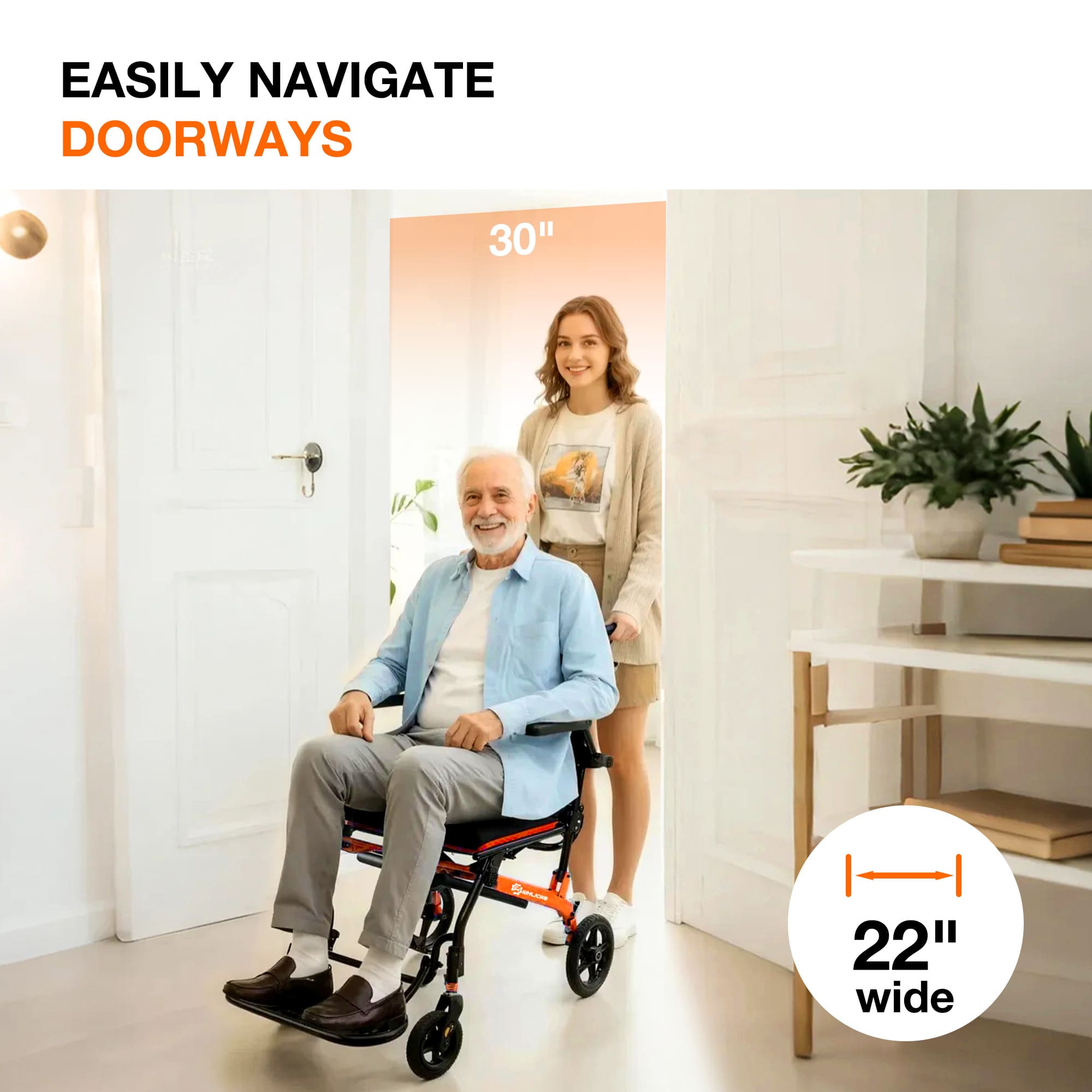 wheelchair with built-in storage pockets#color orange