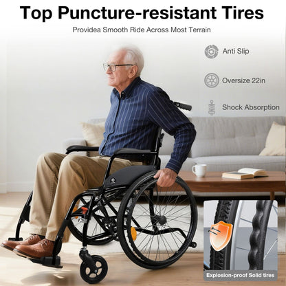 Man in wheelchair with puncture-resistant tires#color_black