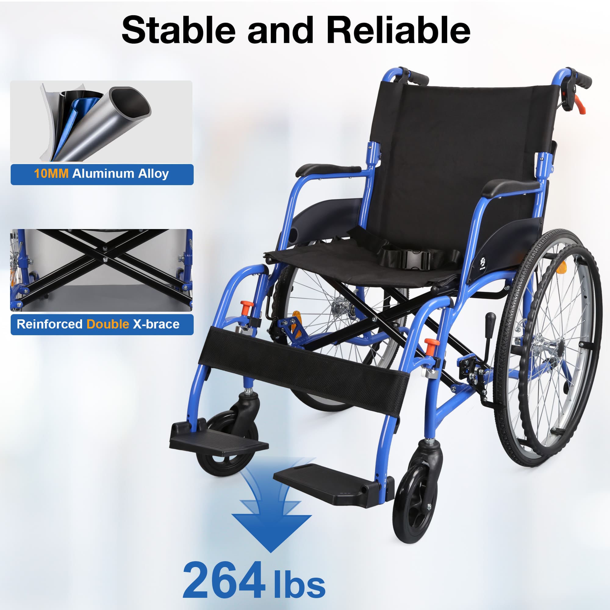 Blue wheelchair with highlighted features on a white background#color_blue