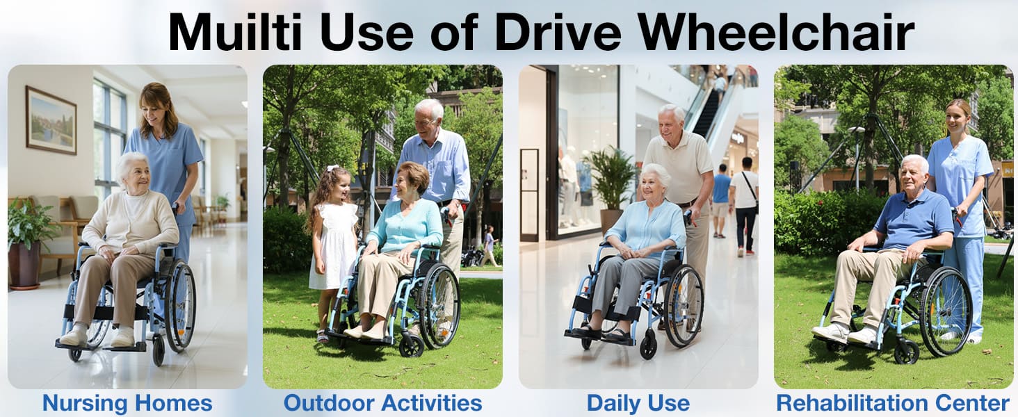 Multifunctional wheelchair used in various settings including nursing homes, outdoor activities, daily use, and rehabilitation centers.