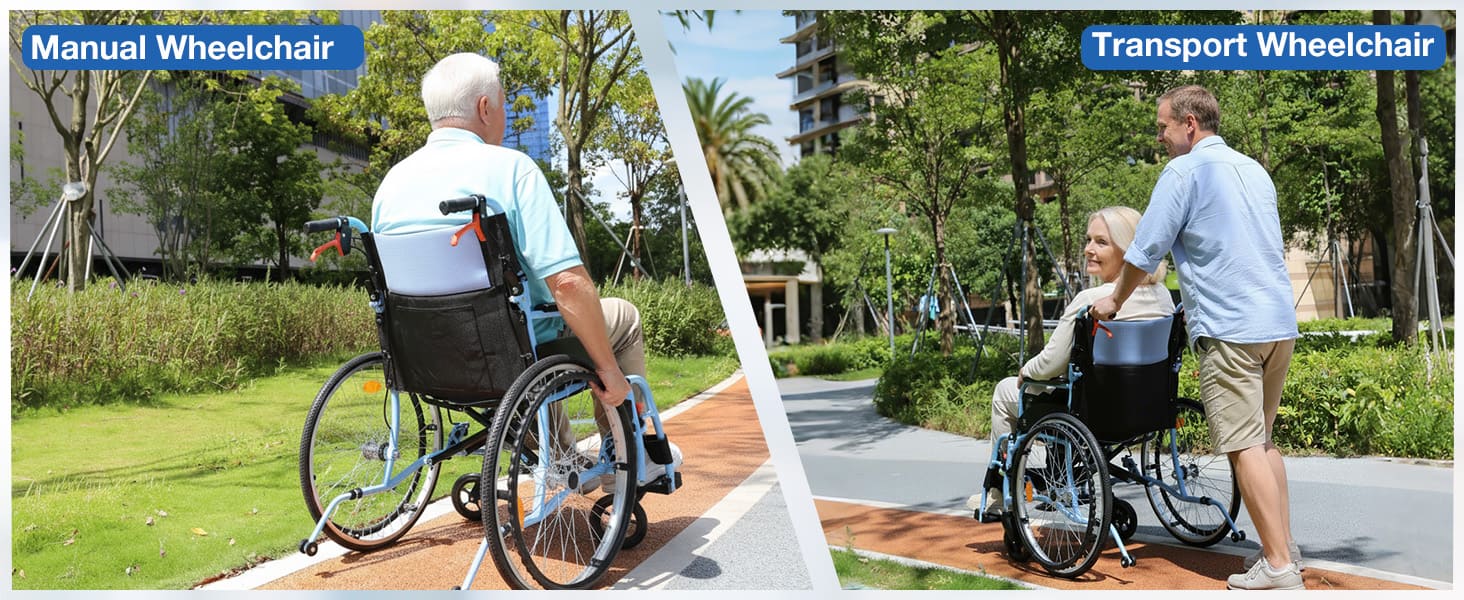 WHLICKS wheelchair shown outdoors, featuring dual functionality for seniors and mobility-limited users — self-propelling or caregiver-assisted push.