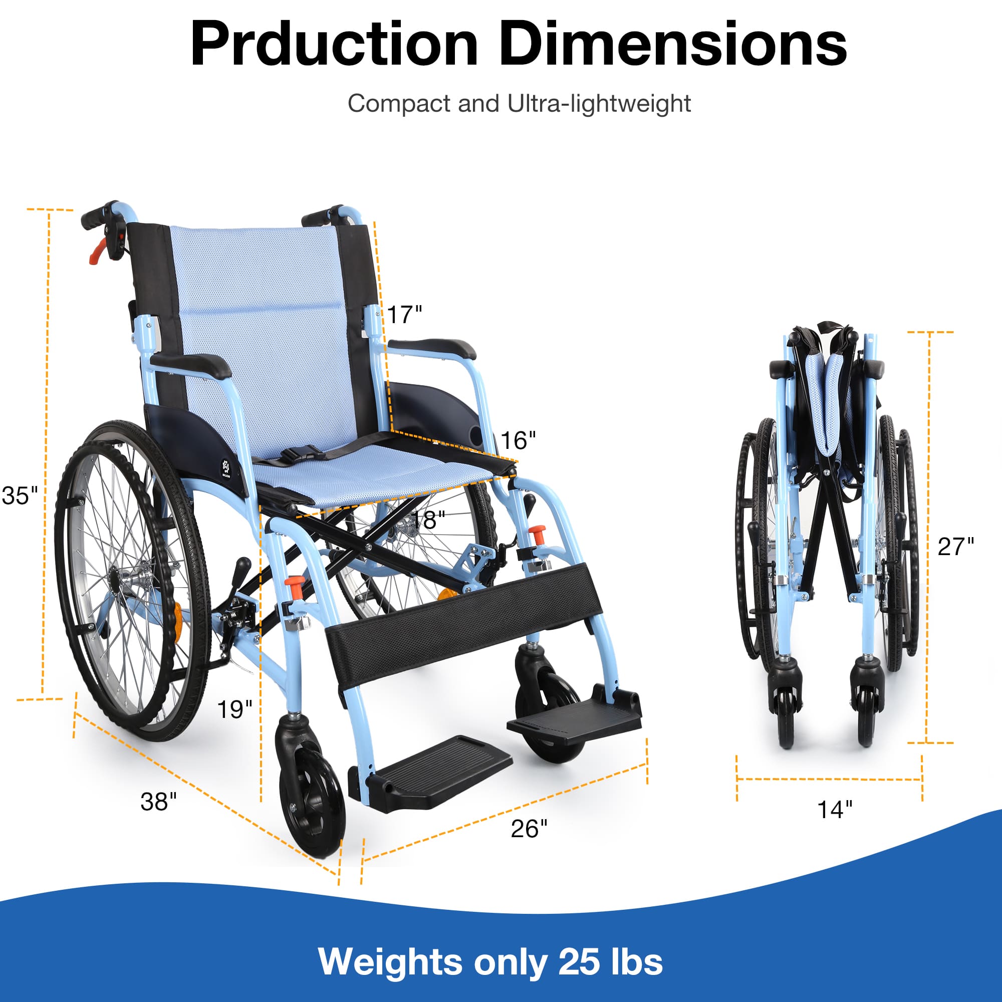Compact and ultra-lightweight wheelchair with dimensions and weight information on a white background.