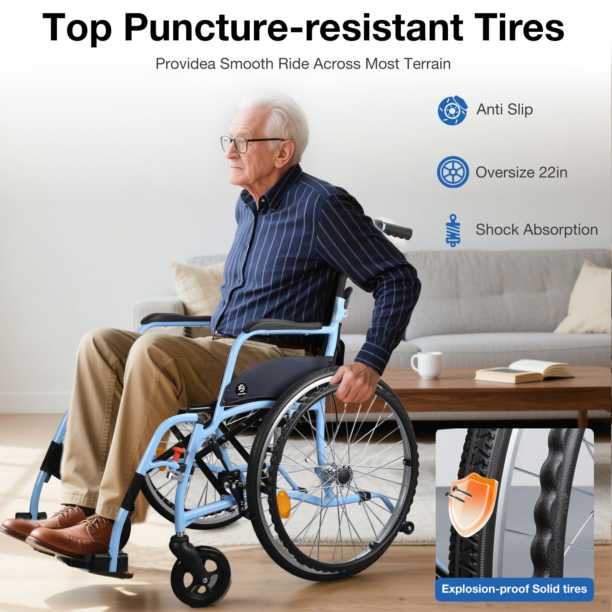 Man using a wheelchair with puncture-resistant tires in a living room setting.