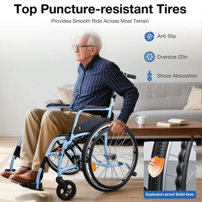 Man using a wheelchair with puncture-resistant tires in a living room setting.