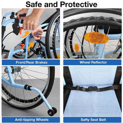 Whlicks Wheelchair features with safety and protection highlights including brakes, reflector, wheels, seat belt, and anti-tipping wheels.