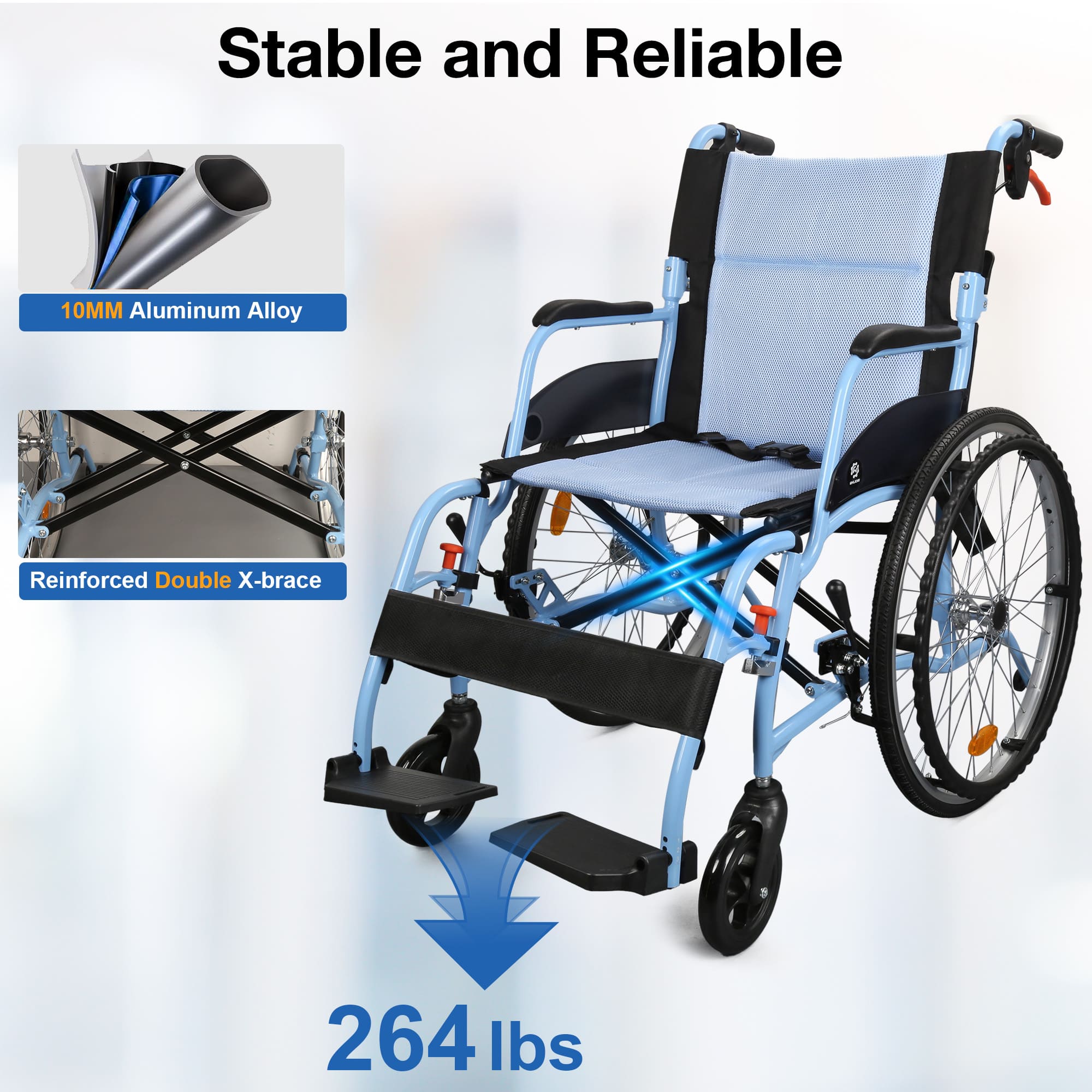 Blue wheelchair with highlighted features on a white background