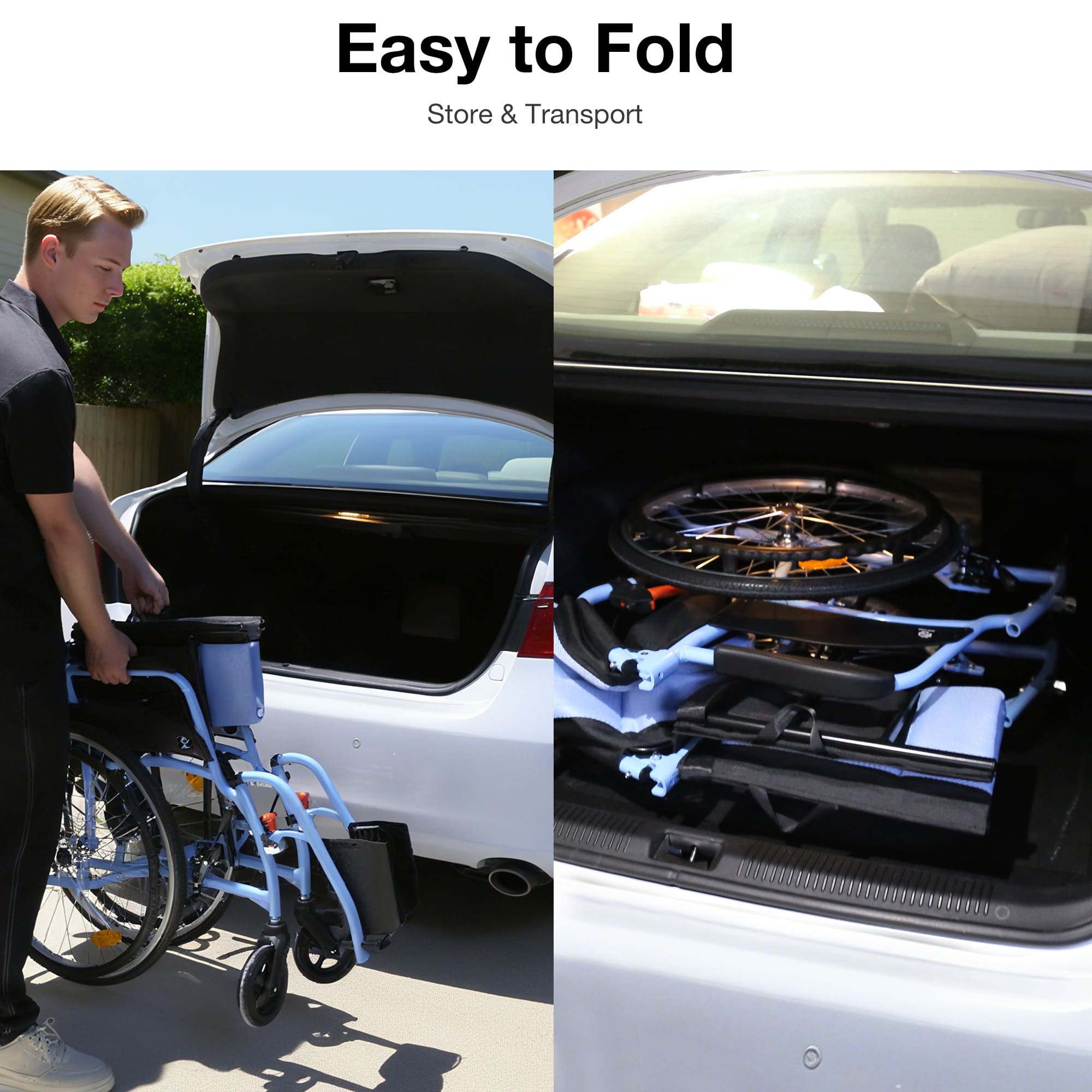 Person loading a wheelchair into a car trunk with text 'Easy to Fold' and 'Store & Transport'.