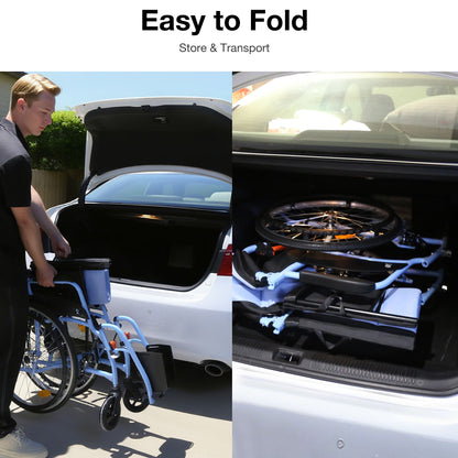 Person loading a wheelchair into a car trunk with text 'Easy to Fold' and 'Store & Transport'.