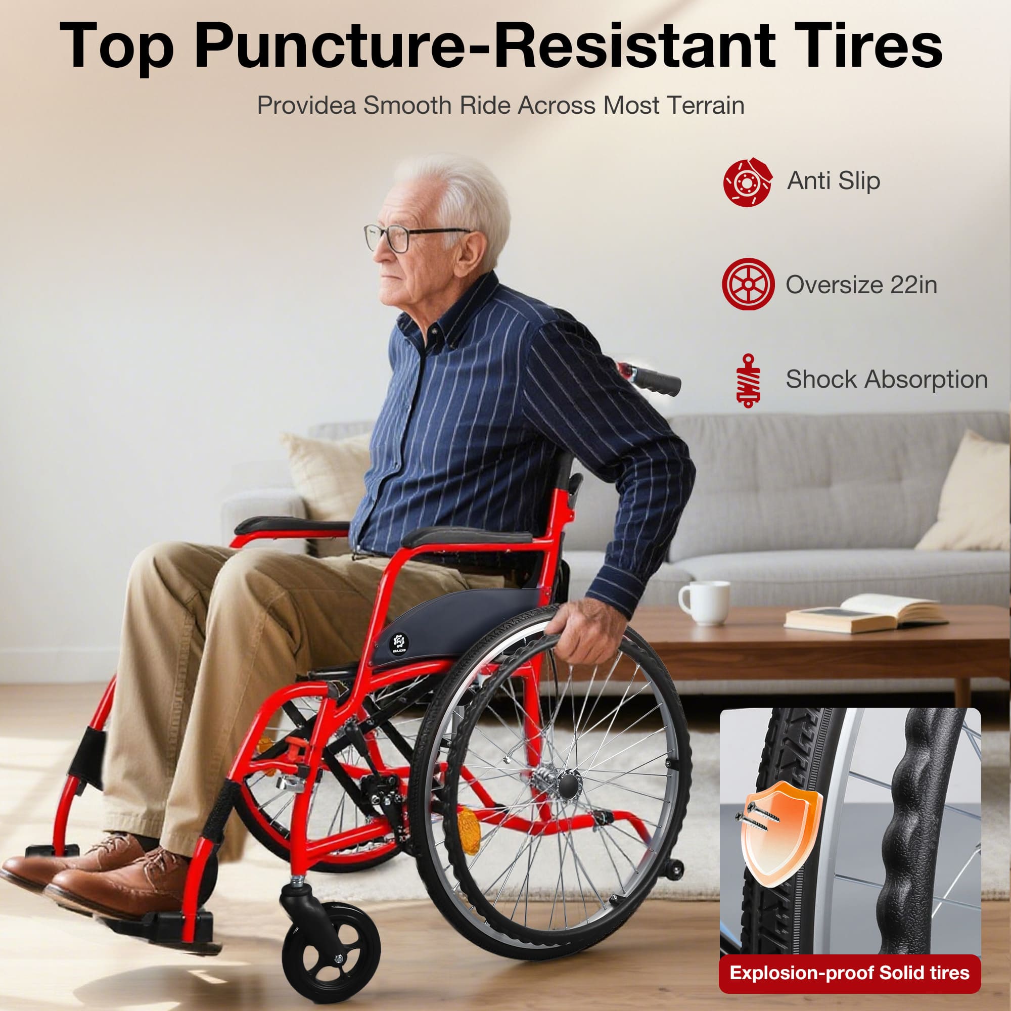 Man using a red wheelchair with puncture-resistant tires in a living room setting#color_red