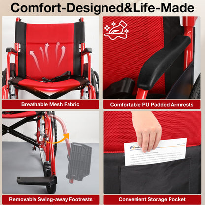 Red wheelchair with features highlighted on a gray background#color_red
