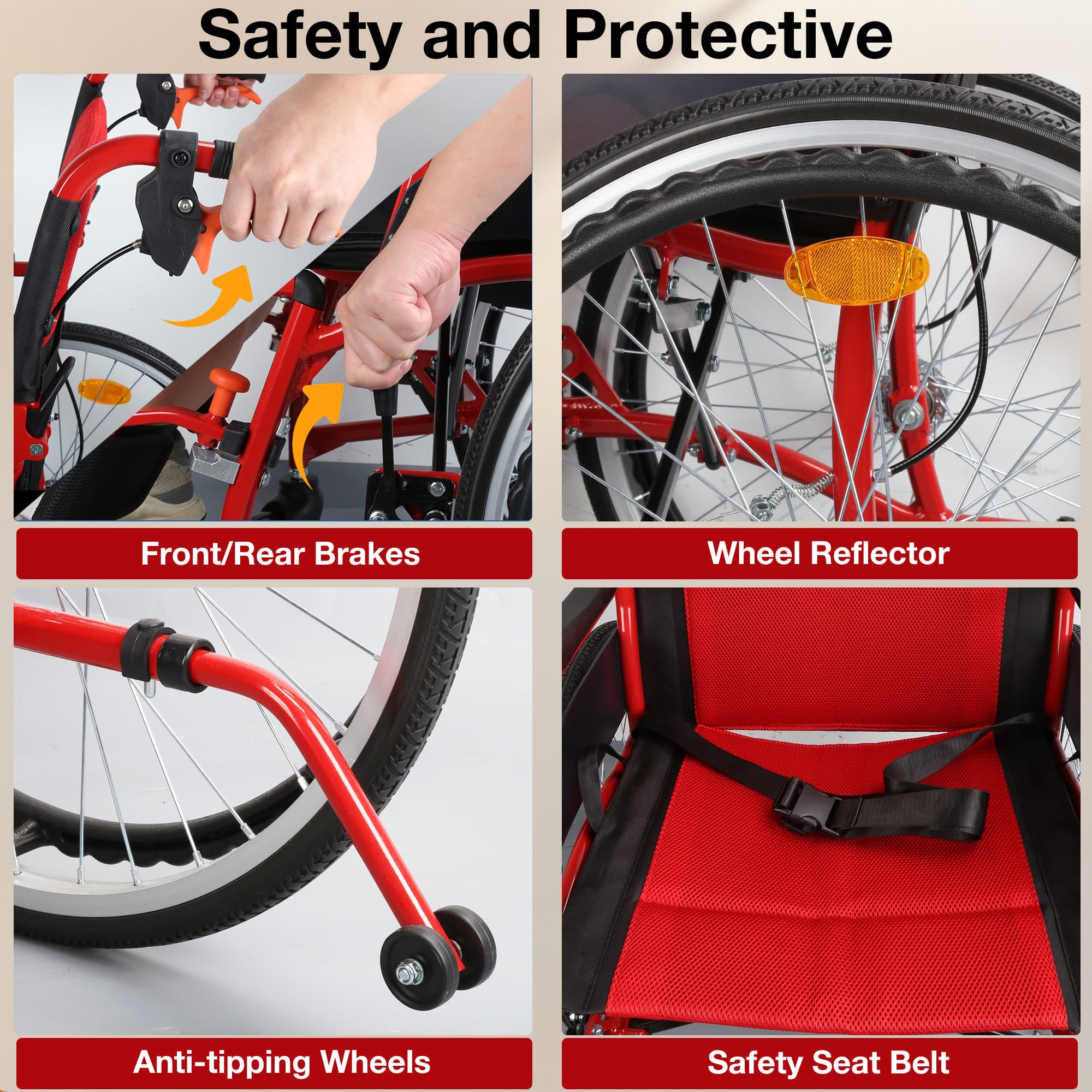 Collage of bicycle safety features including front/rear brakes, wheel reflector, anti-tipping wheels, and safety seat belt#color_red